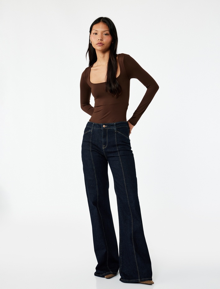  Kare Yaka Uzun Kollu Slim Fit Çıtçıtlı Body