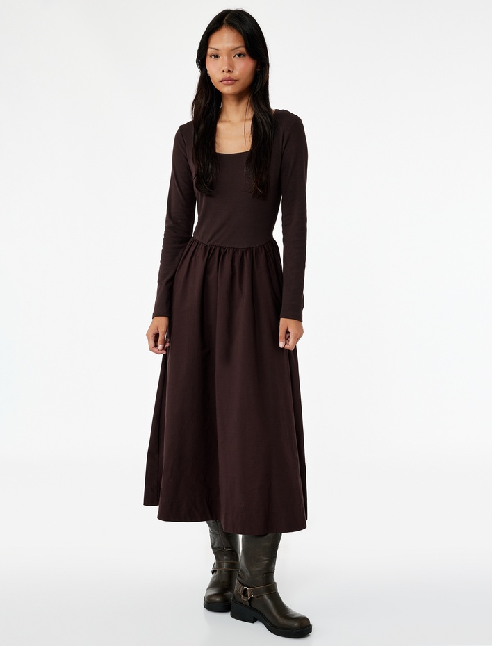  Pamuklu Uzun Kollu Bisiklet Yaka A Kesim Uzun Elbise