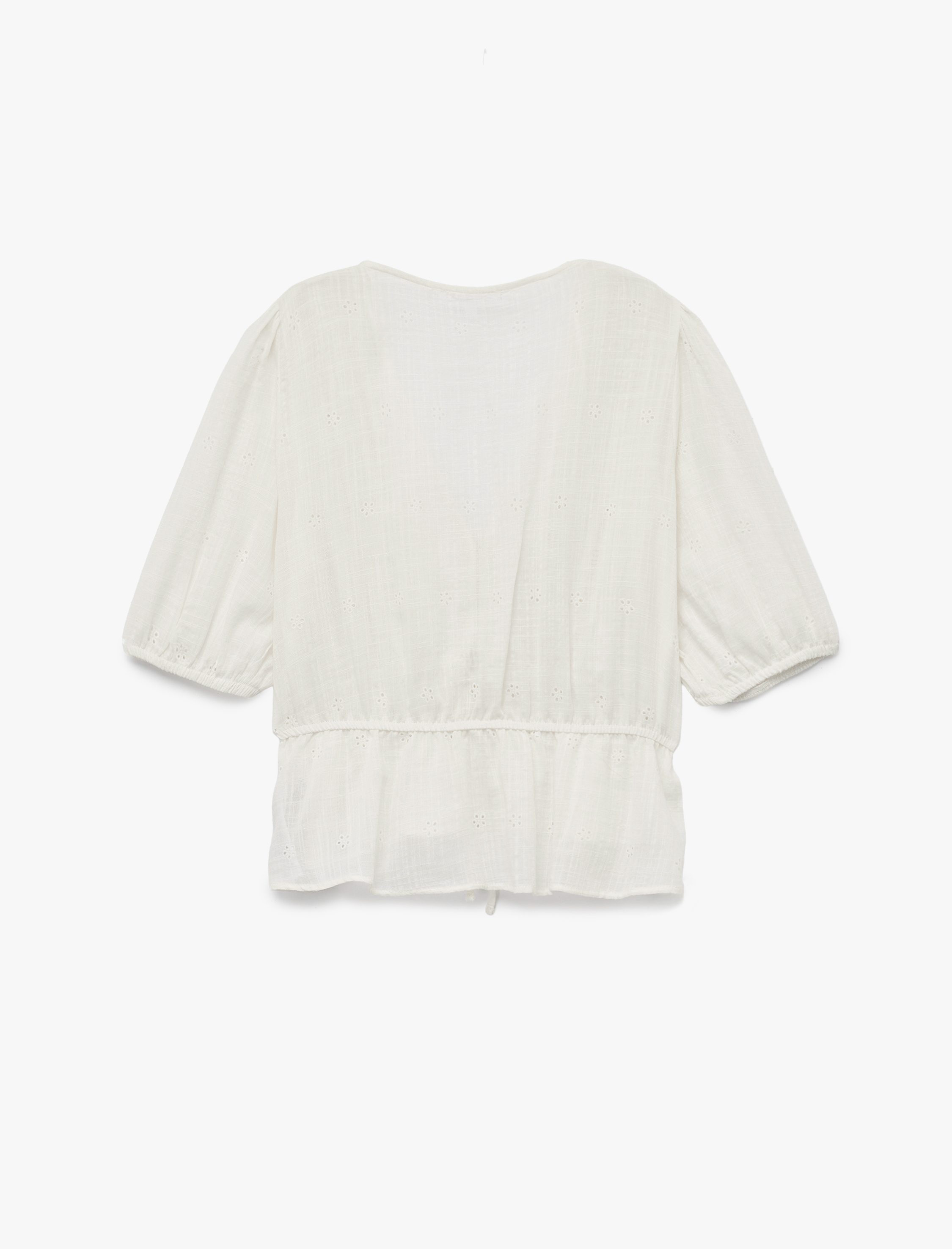 V Yaka Viskon Karışımlı Kısa Balon Kol Nakışlı Bağlama Detaylı Bluz