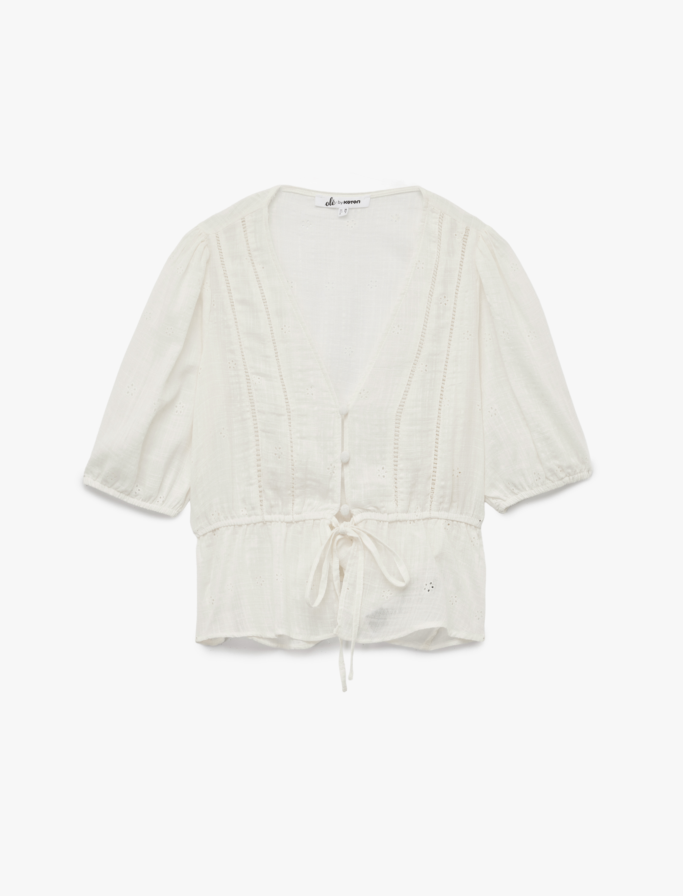 V Yaka Viskon Karışımlı Kısa Balon Kol Nakışlı Bağlama Detaylı Bluz