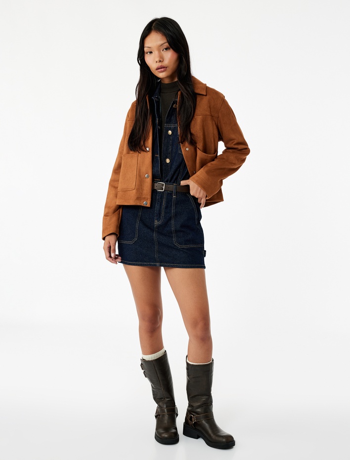  Çıtçıt Düğmeli Cep Detaylı Klasik Yaka Uzun Kollu Suni Süet Gömlek