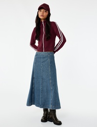 Volanlı Pamuklu Denim Midi Etek