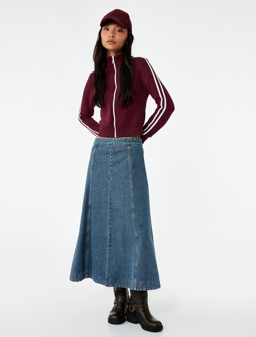   Volanlı Pamuklu Denim Midi Etek