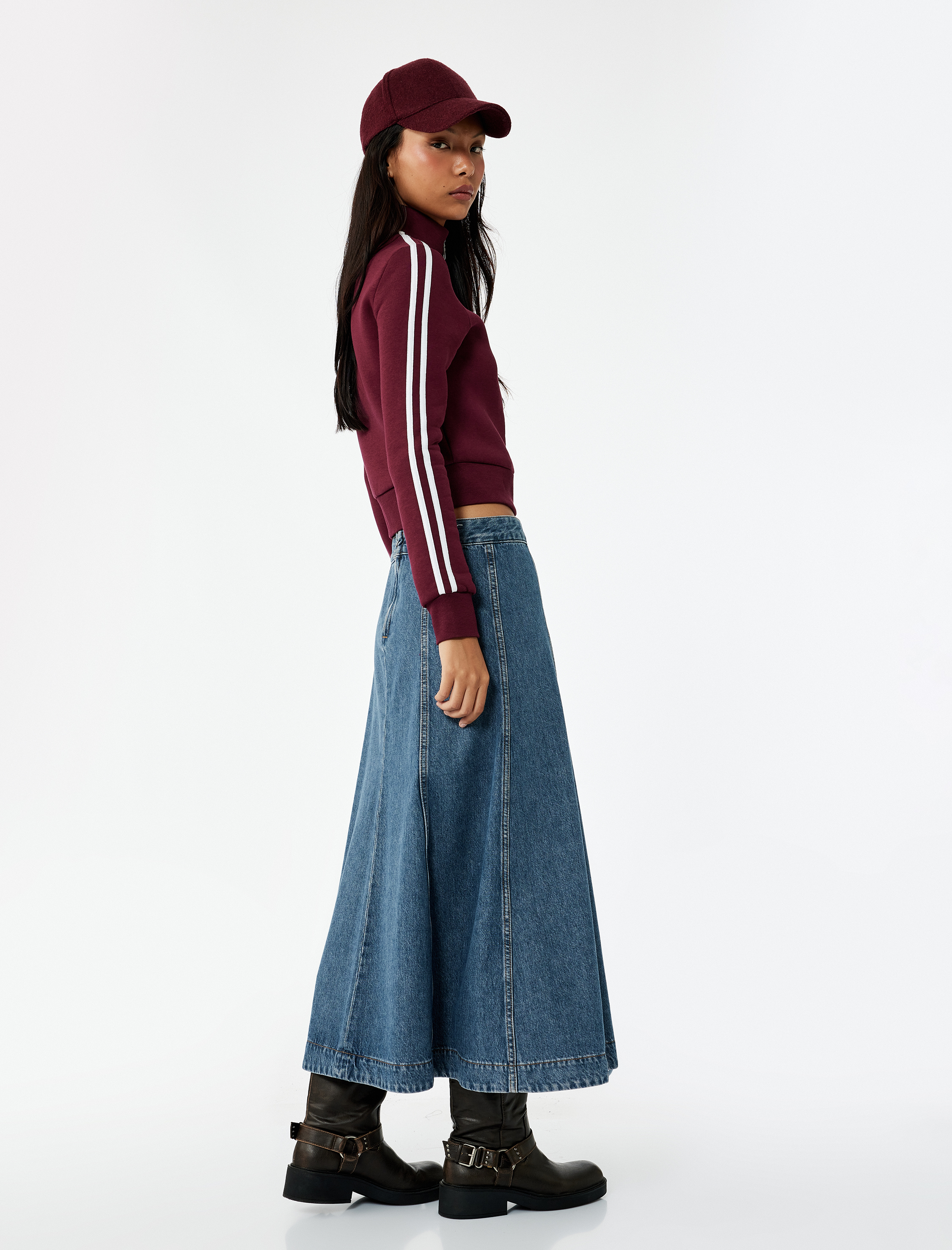   Volanlı Pamuklu Denim Midi Etek