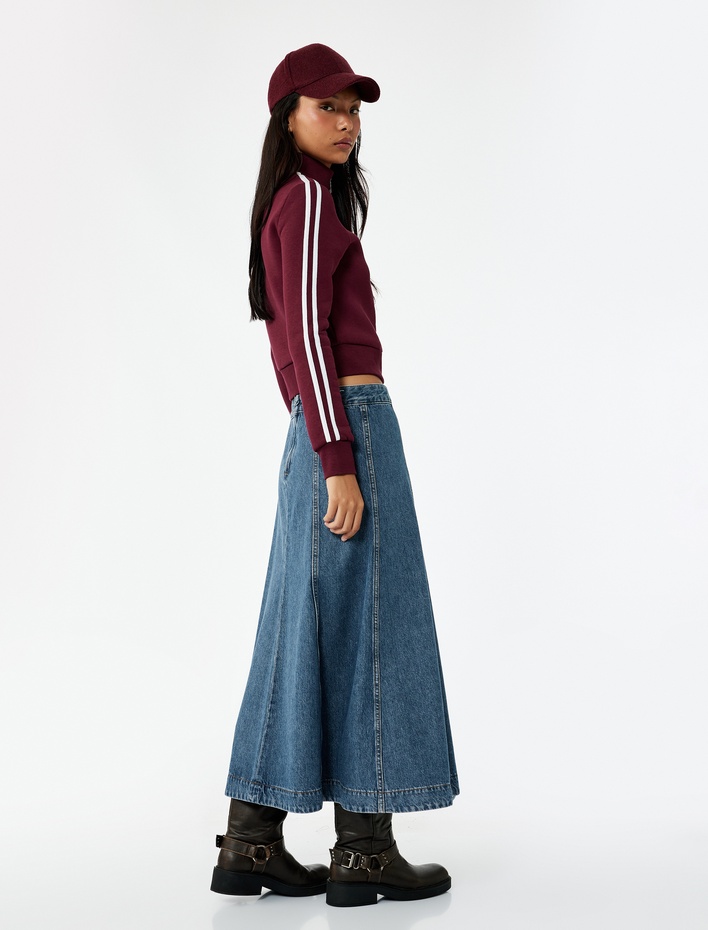  Volanlı Pamuklu Denim Midi Etek