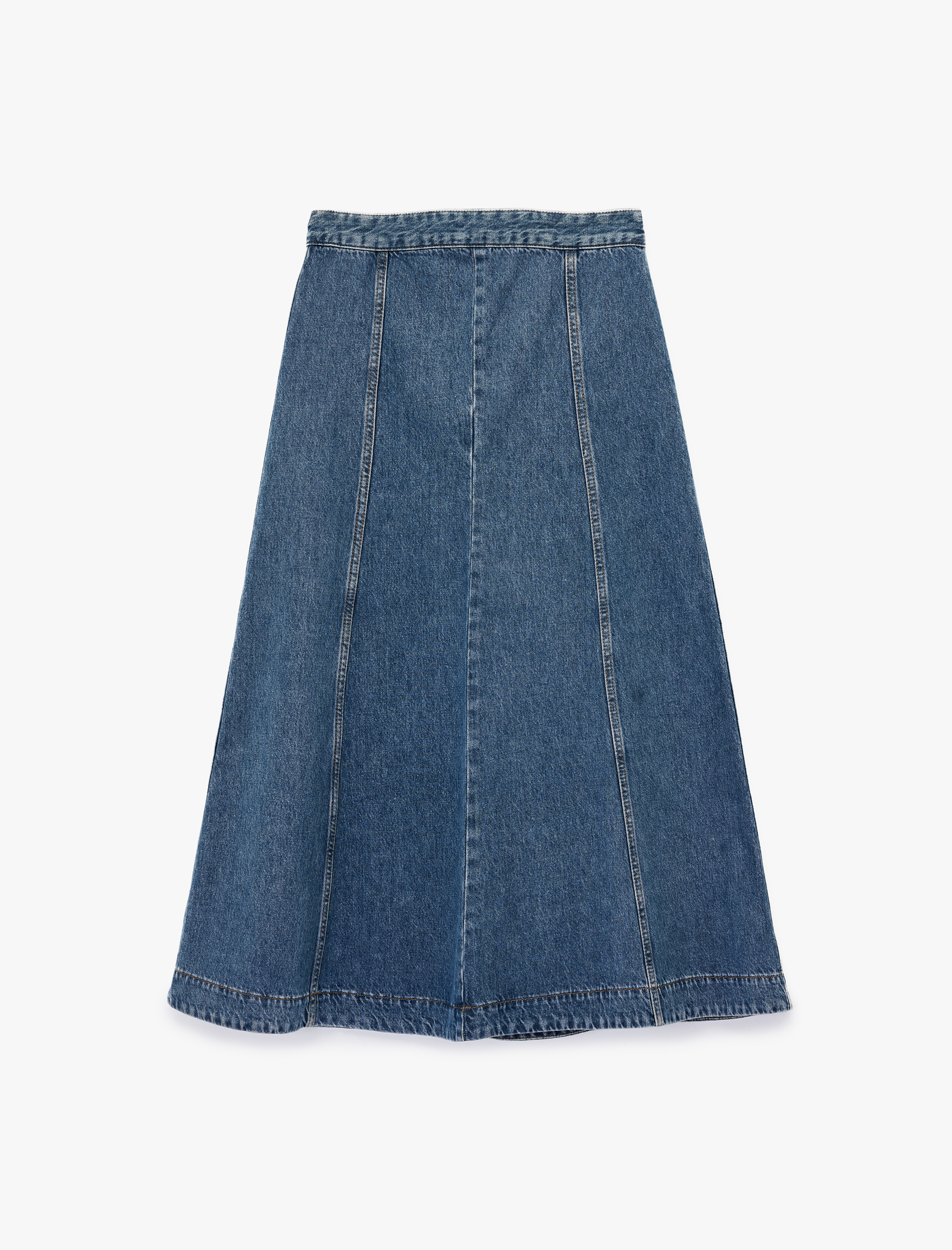   Volanlı Pamuklu Denim Midi Etek