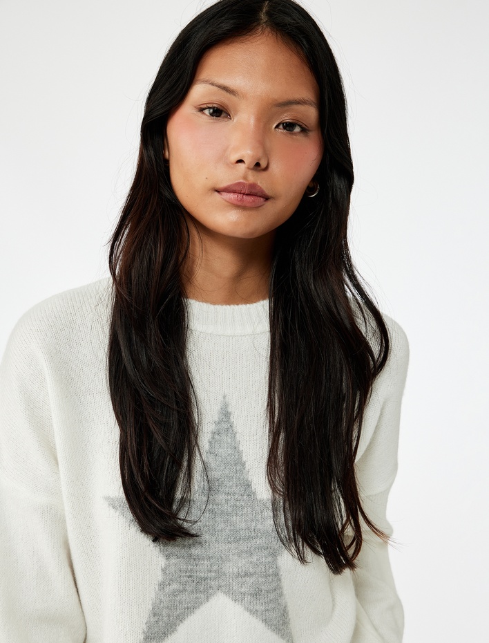  Yıldız Desenli Uzun Kollu Bisiklet Yaka Triko Kazak