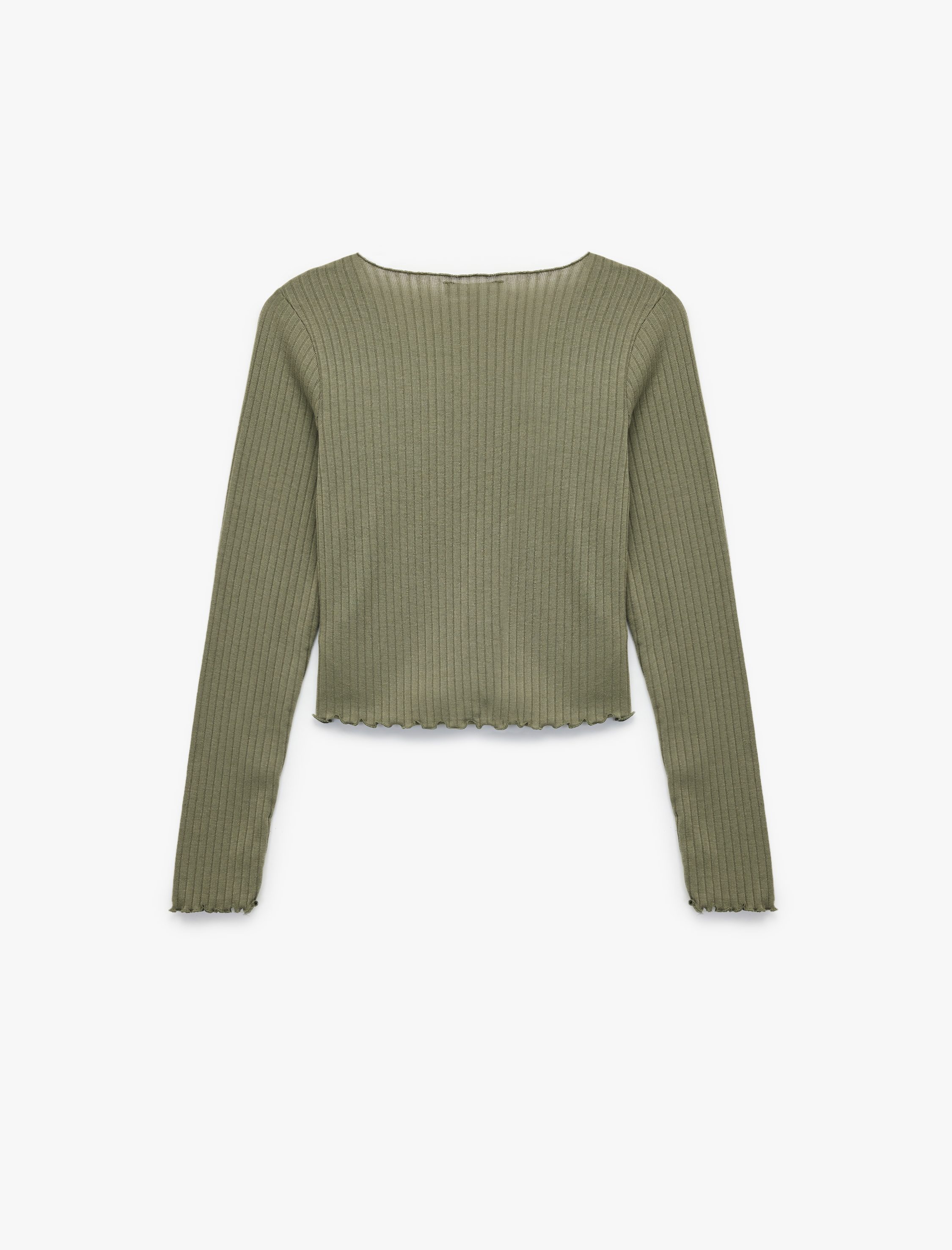   V Yaka Düğmeli Fırfırlı Kaşkorse Viskon Karışımlı Uzun Kollu Tişört