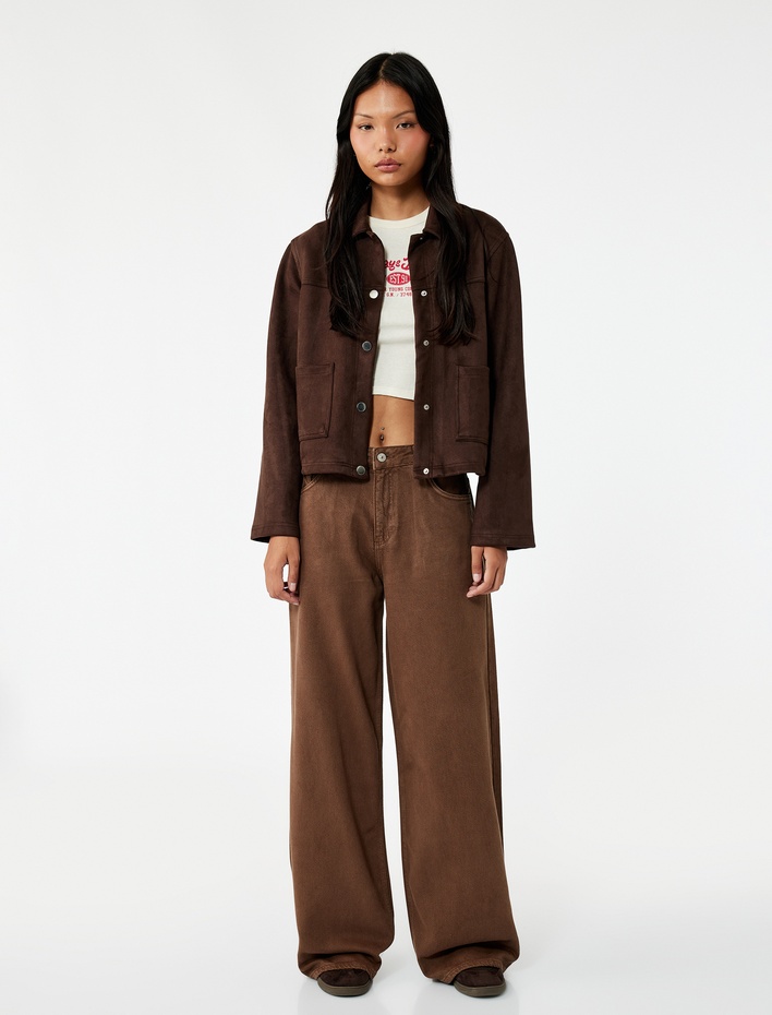  Düğmeli Cepli Bol Kesim Pamuklu Bol Paça Jean Pantolon - Loose Straight Fit Jean