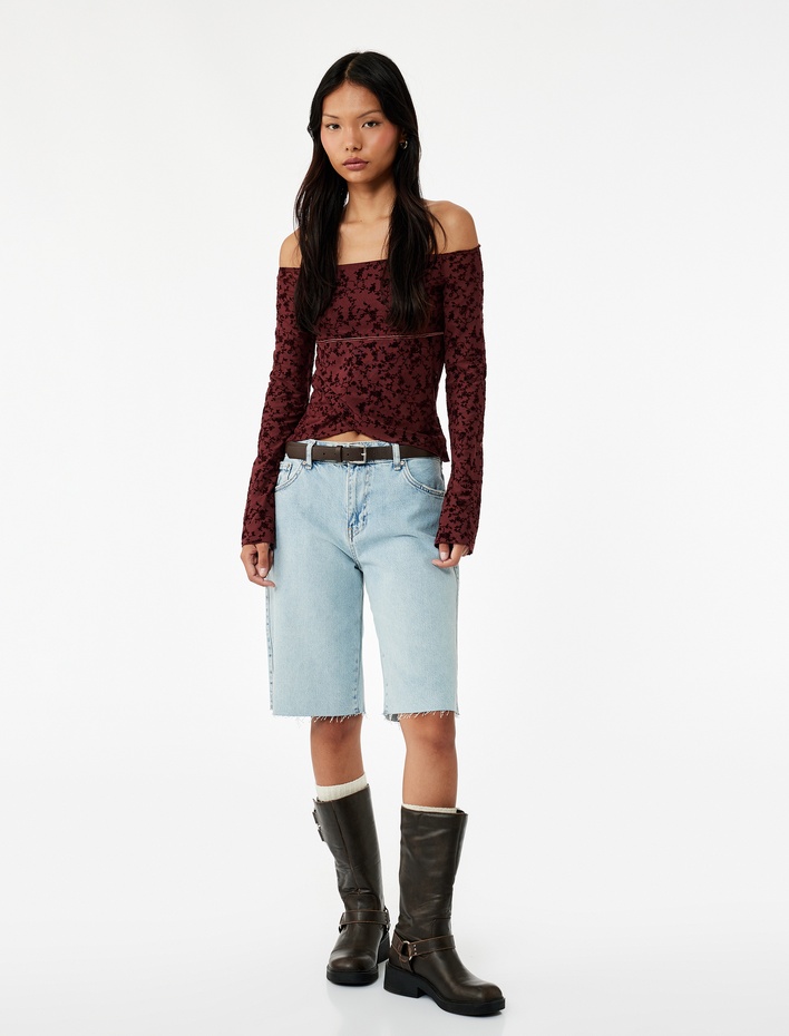  Slim Fit Asimetrik Uzun İspanyol Kollu Dantelli Omzu Açık Tül Tişört