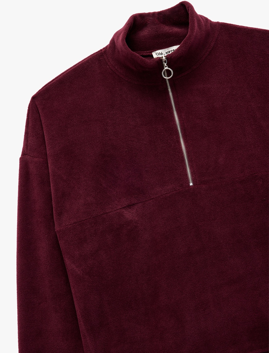   Oversize Uzun Kollu Yarım Fermuarlı Şardonlu Polar Sweatshirt
