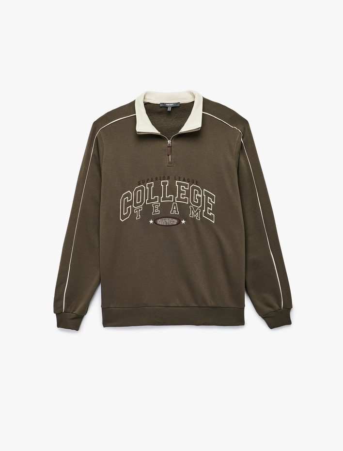  Uzun Kollu Kolej Nakışlı Renk Kontrastlı Şardonlu Yarım Fermuarlı Sweatshirt