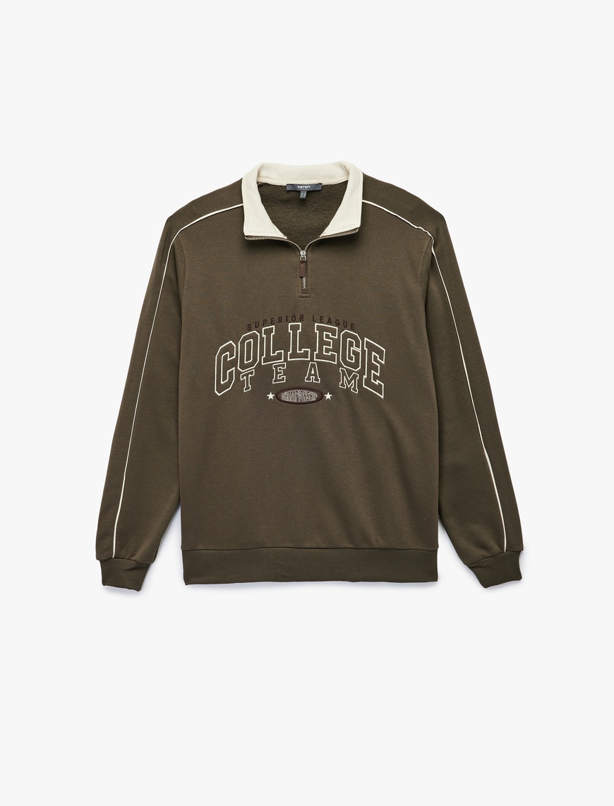   Uzun Kollu Kolej Nakışlı Renk Kontrastlı Şardonlu Yarım Fermuarlı Sweatshirt