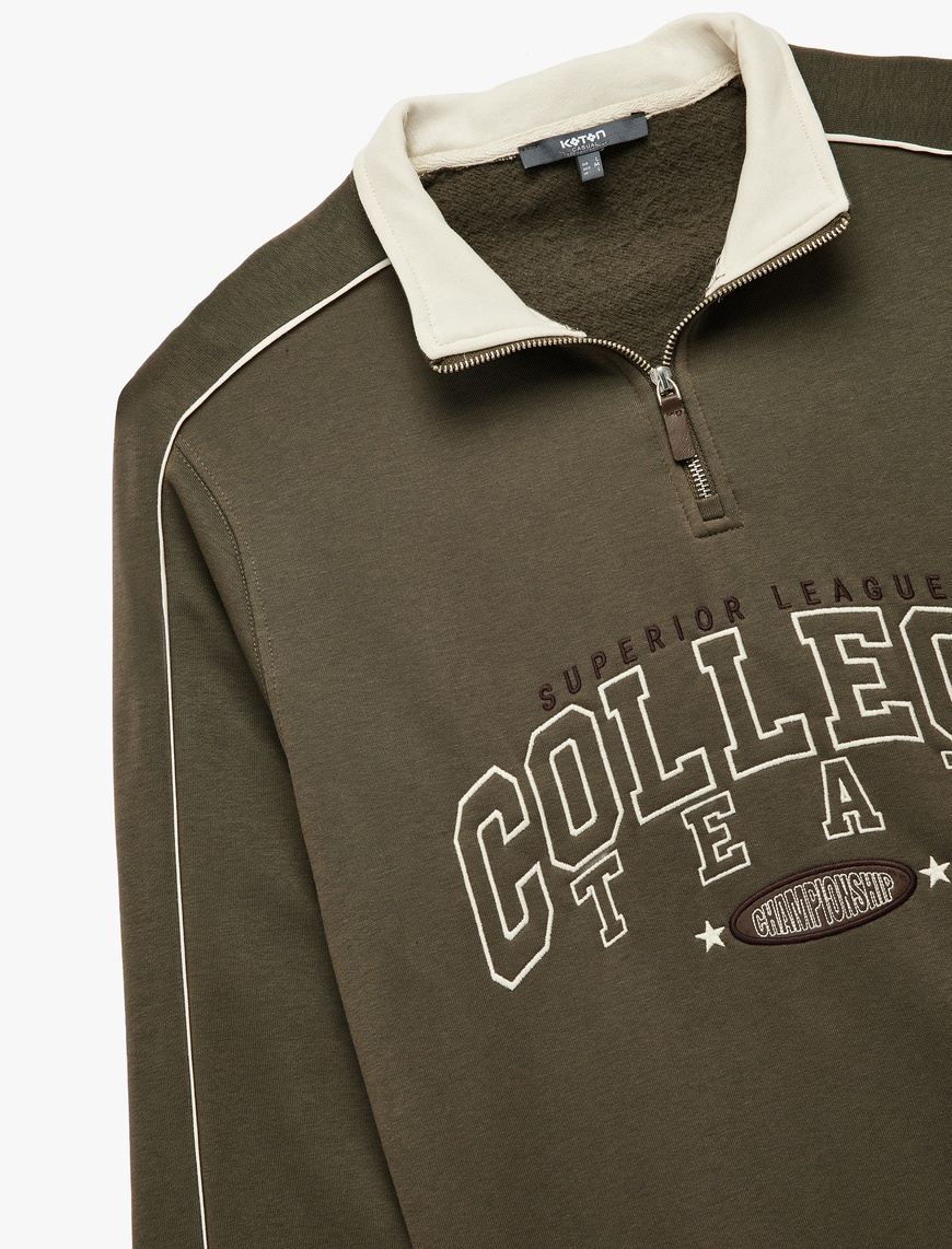   Uzun Kollu Kolej Nakışlı Renk Kontrastlı Şardonlu Yarım Fermuarlı Sweatshirt