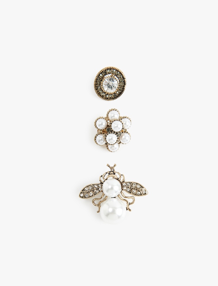 Kadın İncili Taşlı Arı Detaylı 3'lü Broş Seti