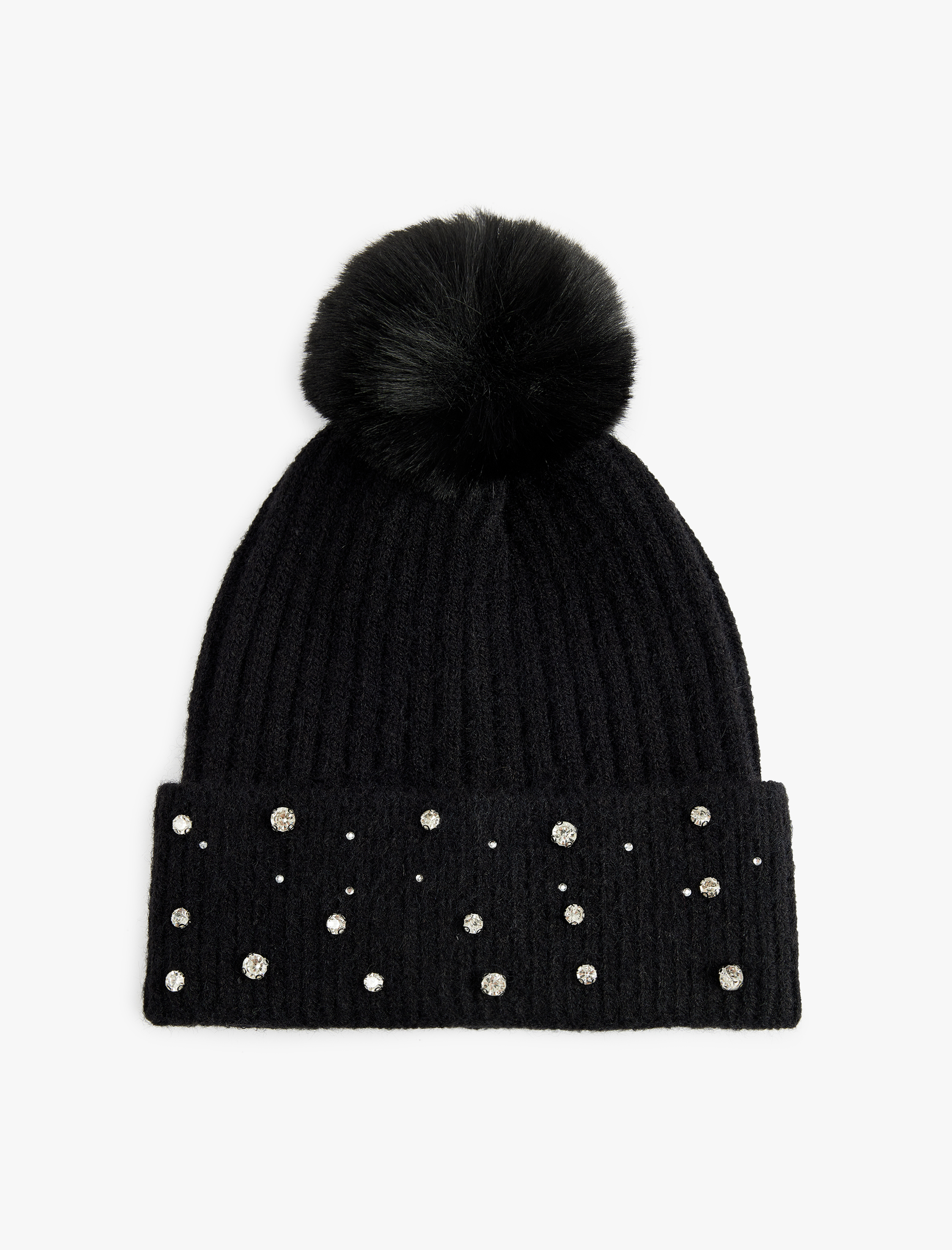  Kadın Taş Detaylı Ponponlu Katlamalı Örgü Bere