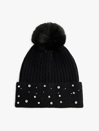 Taş Detaylı Ponponlu Katlamalı Örgü Bere