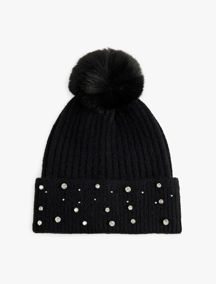 Kadın Taş Detaylı Ponponlu Katlamalı Örgü Bere