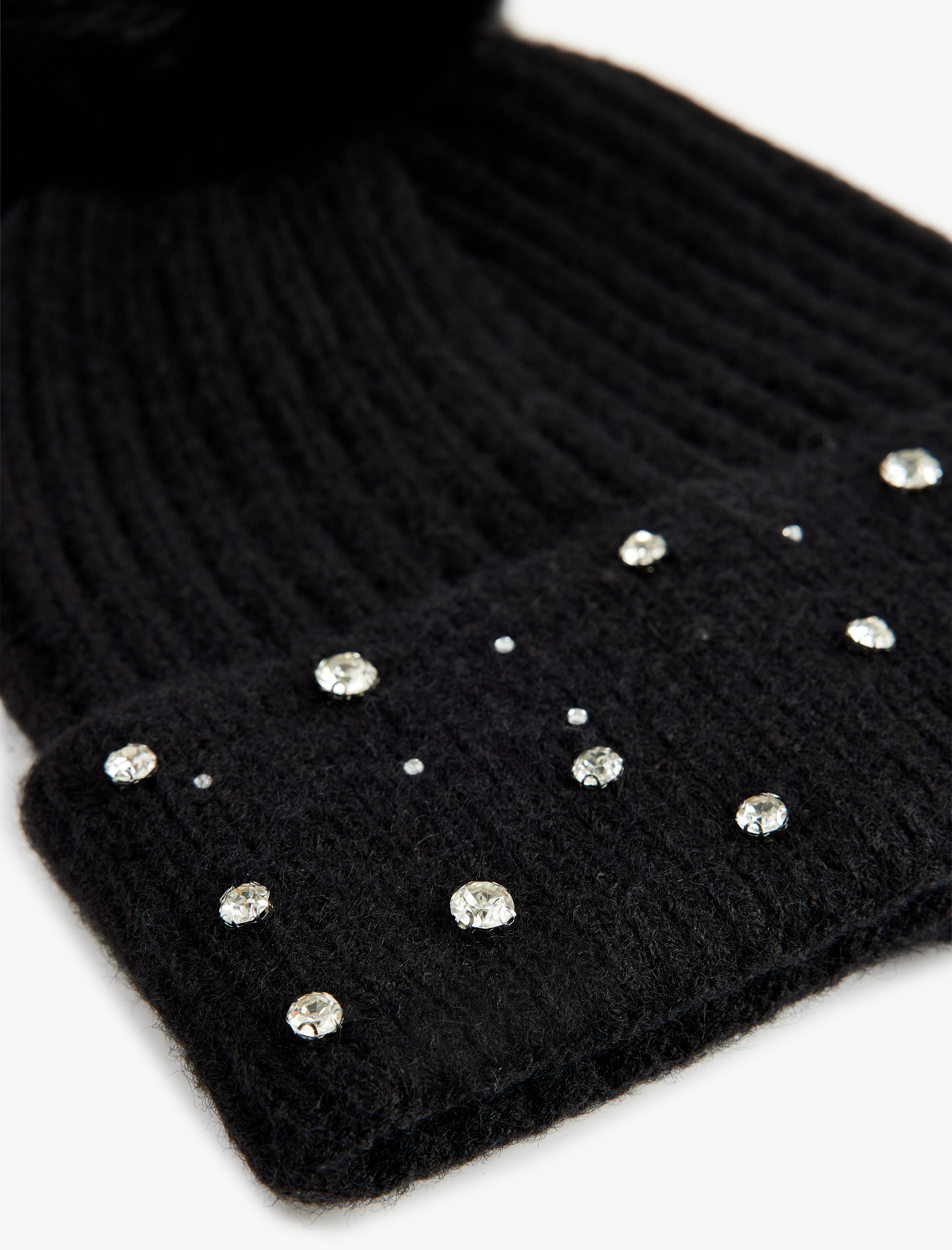  Kadın Taş Detaylı Ponponlu Katlamalı Örgü Bere