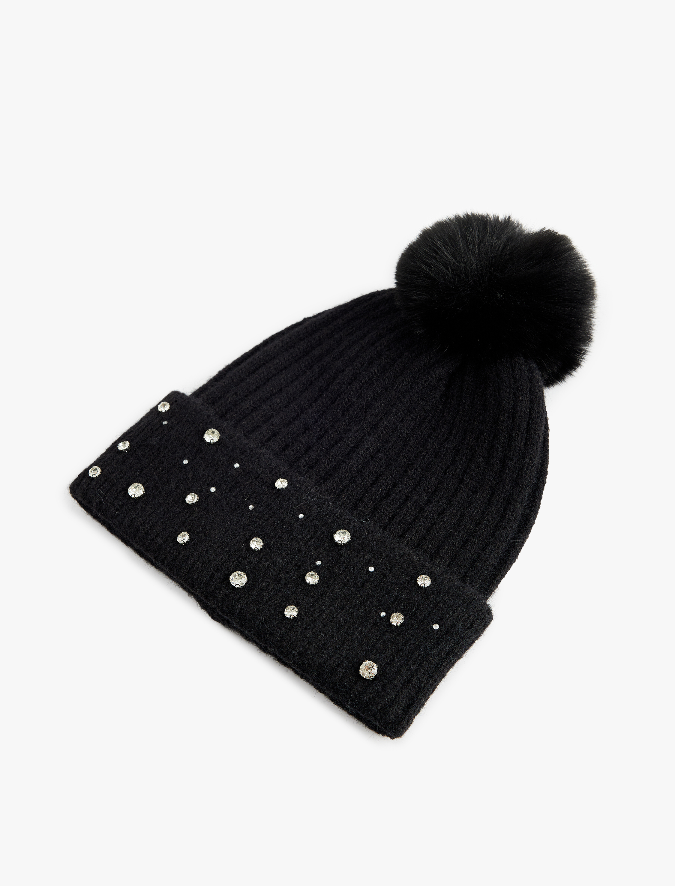  Kadın Taş Detaylı Ponponlu Katlamalı Örgü Bere