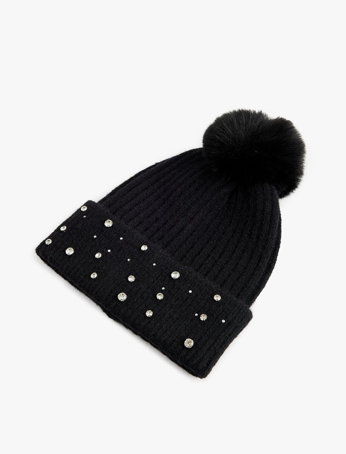 Kadın Taş Detaylı Ponponlu Katlamalı Örgü Bere