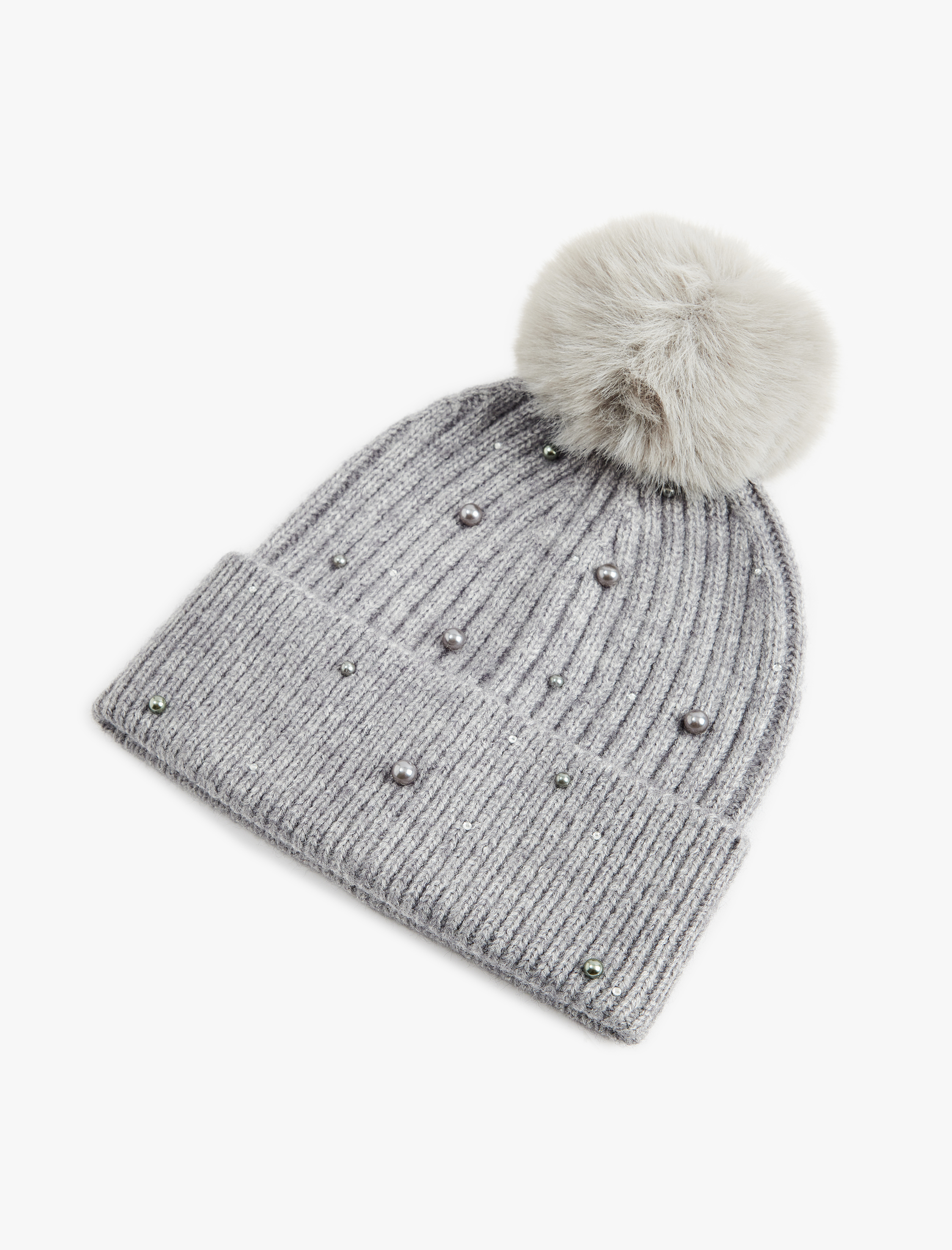  Kadın Boncuk Detaylı Ponponlu Katlamalı Örgü Bere