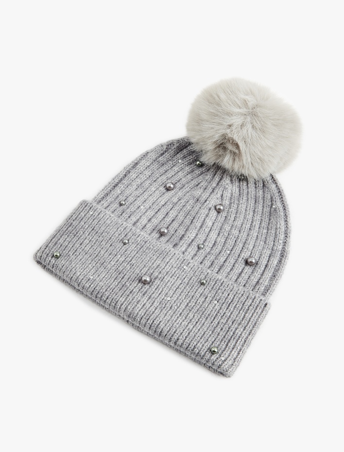 Kadın Boncuk Detaylı Ponponlu Katlamalı Örgü Bere