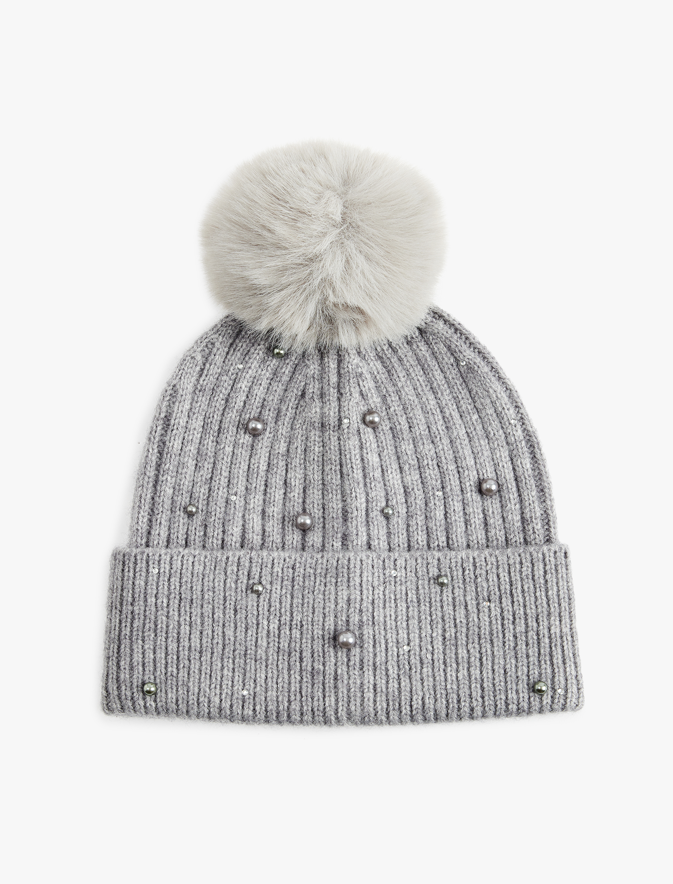  Kadın Boncuk Detaylı Ponponlu Katlamalı Örgü Bere