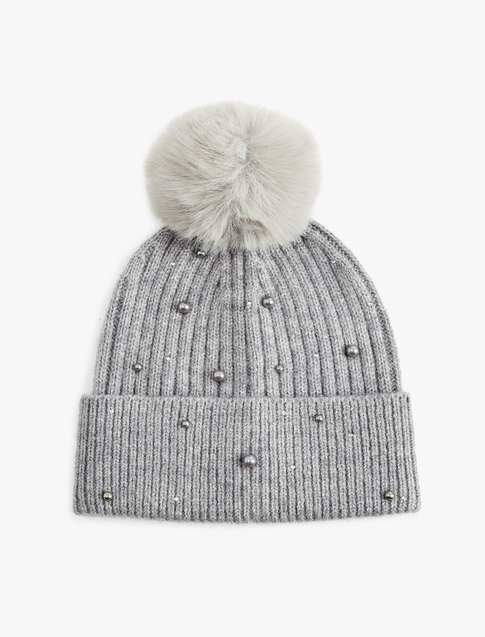 Kadın Boncuk Detaylı Ponponlu Katlamalı Örgü Bere