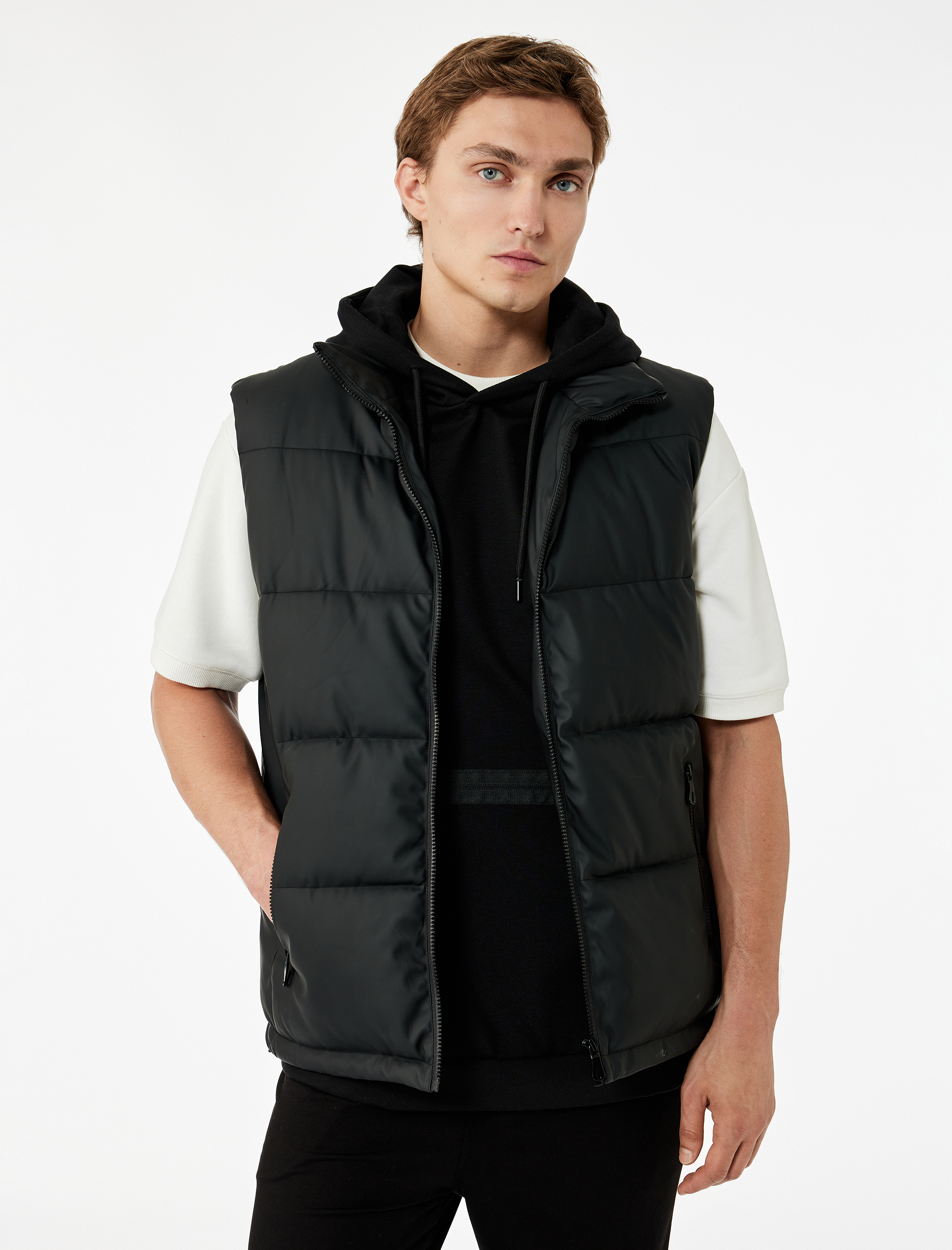  Fermuarlı Cep Detaylı Slim Fit Dik Yaka Şişme Yelek