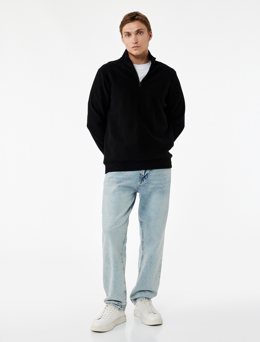   Uzun Kollu Ribanalı Yarım Fermuarlı Sweatshirt