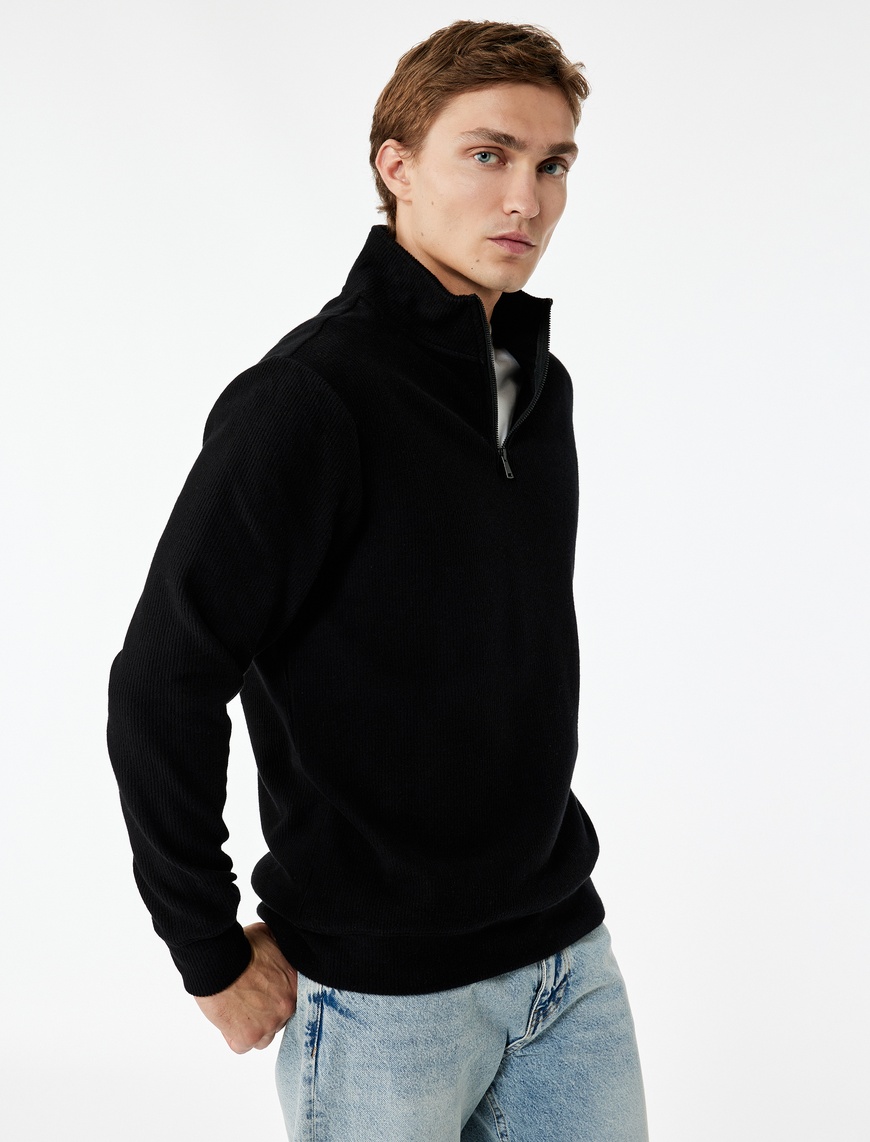   Uzun Kollu Ribanalı Yarım Fermuarlı Sweatshirt