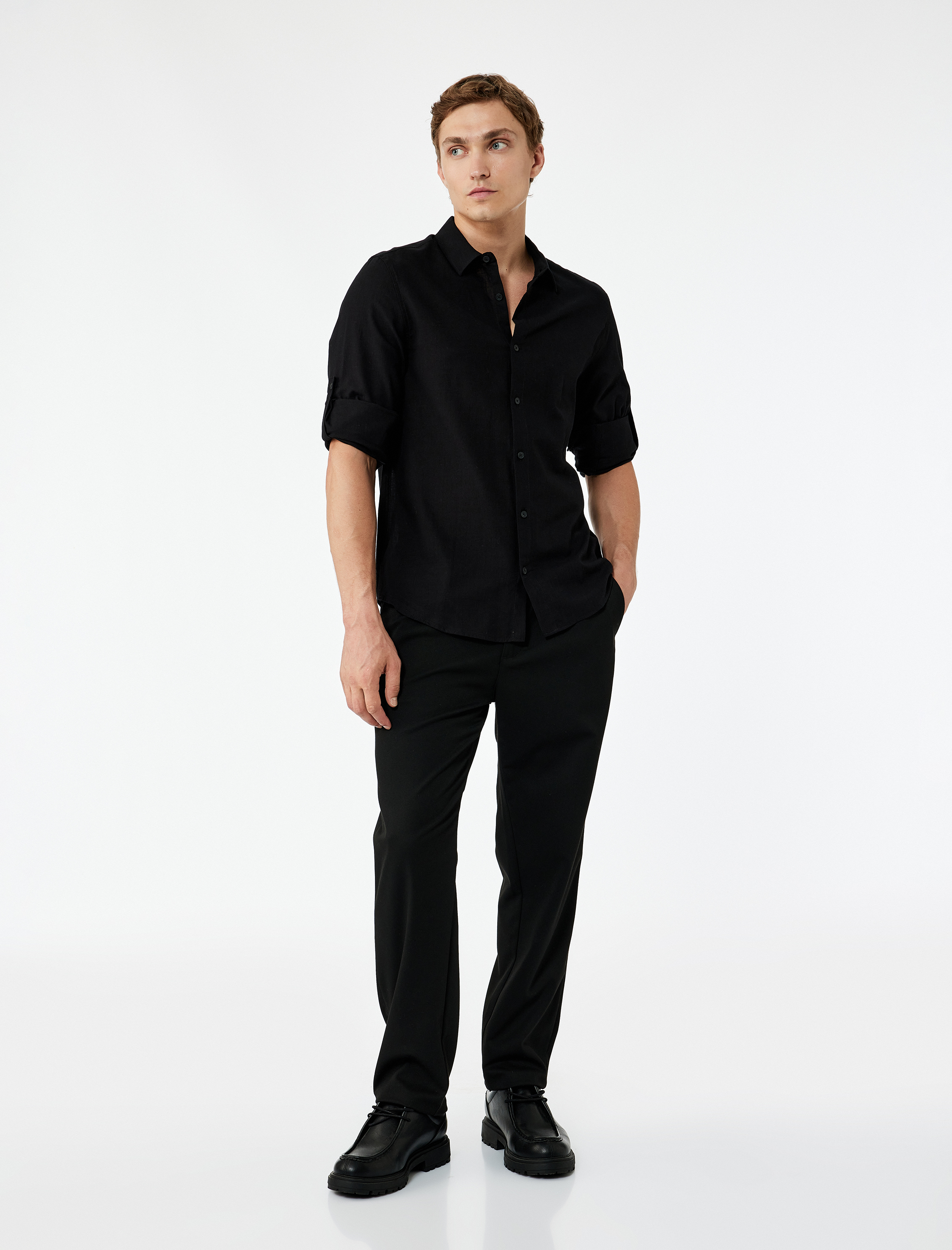   Uzun Kollu Pamuklu Regular Fit Kol Detaylı Klasik Gömlek