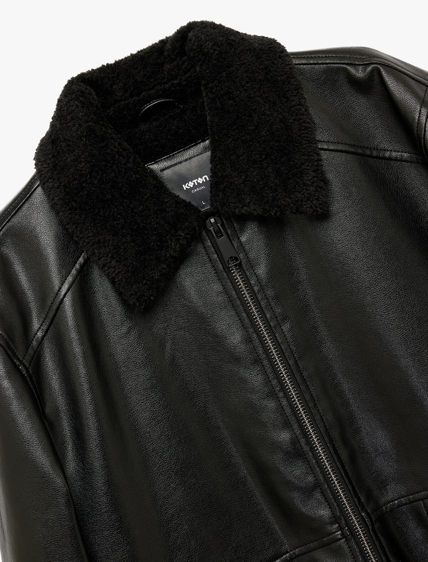   Uzun Kollu Cep Detaylı Slim Fit Fermuarlı Peluş Yaka Suni Deri Ceket