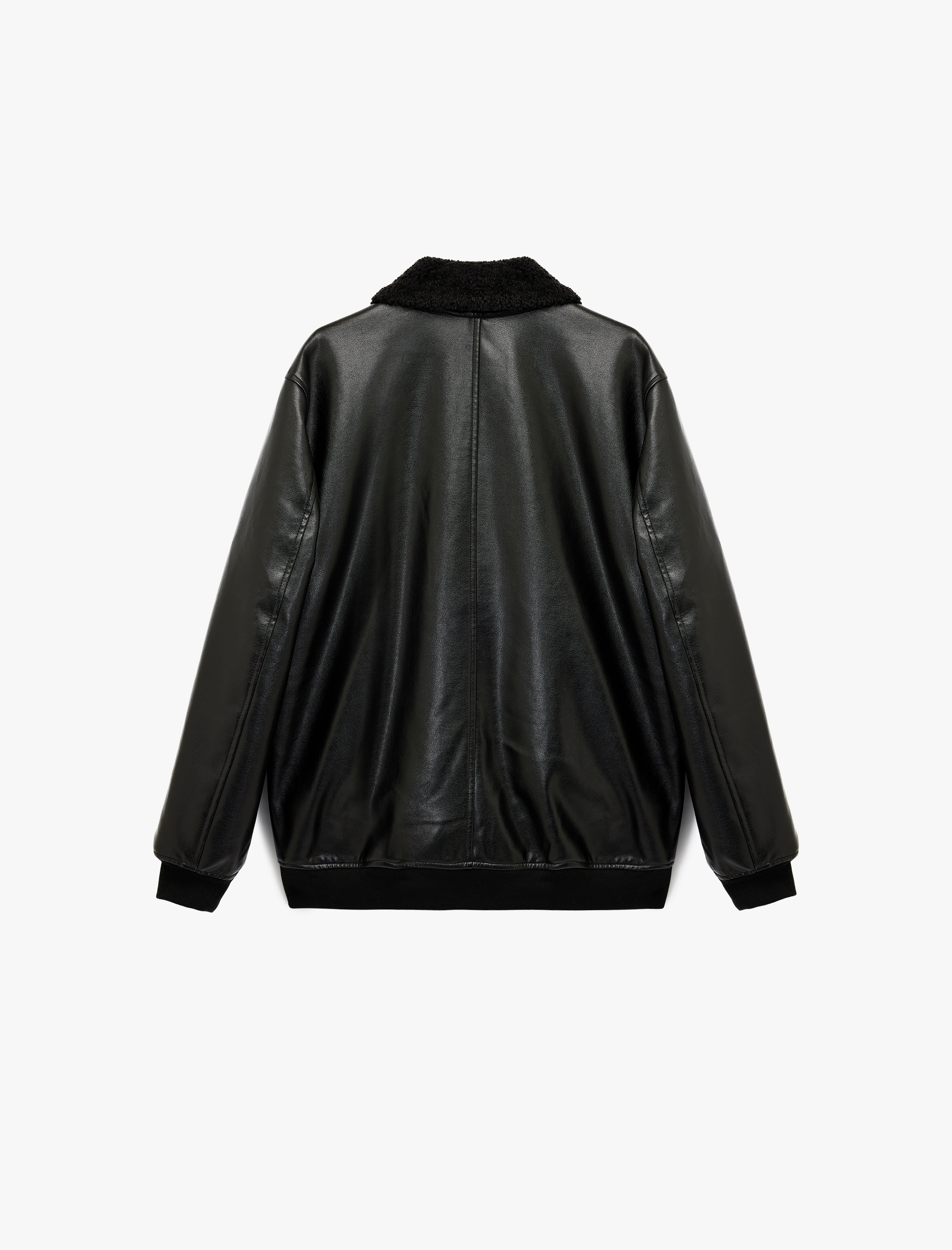 Uzun Kollu Cep Detaylı Slim Fit Fermuarlı Peluş Yaka Kışlık Suni Deri Ceket