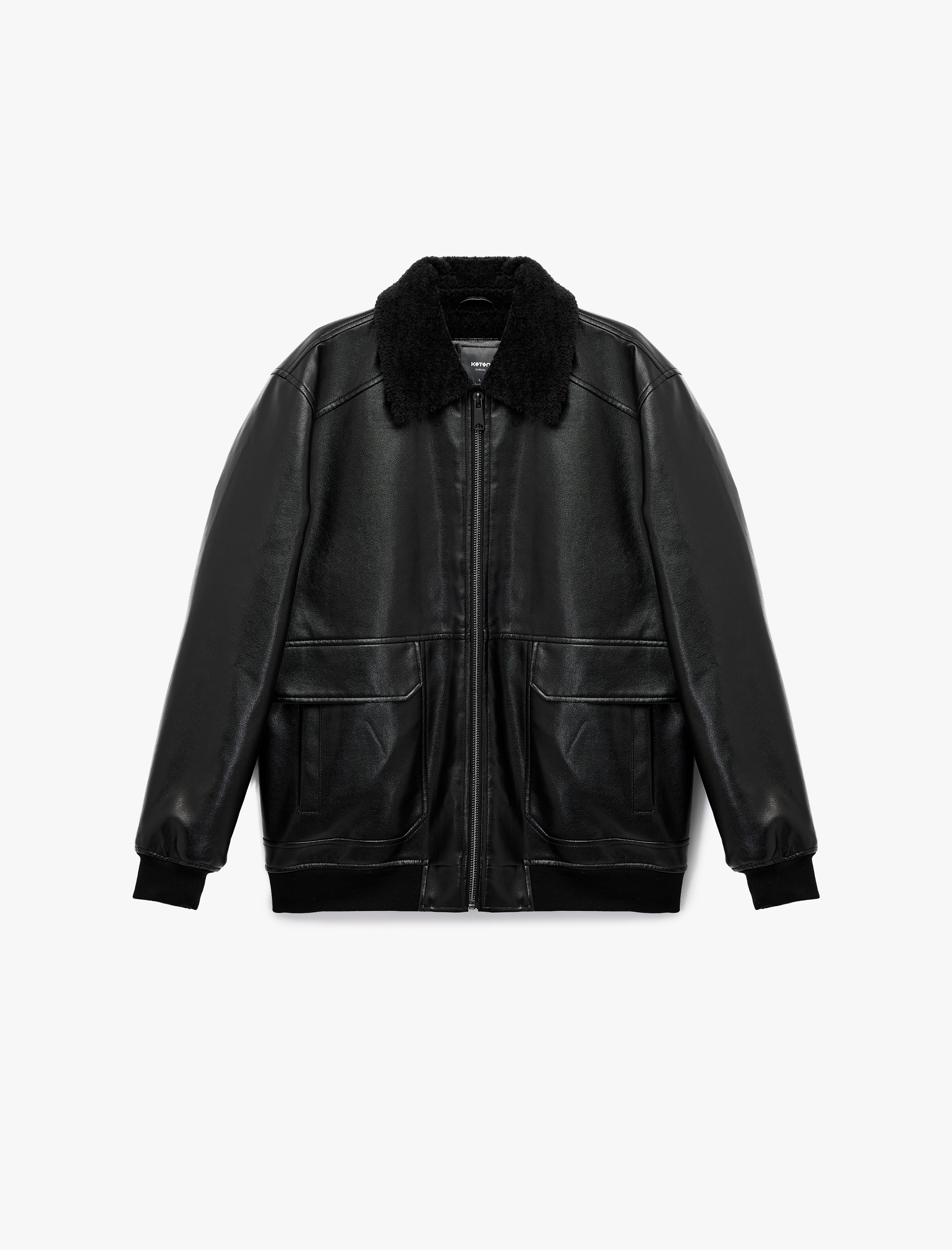 Uzun Kollu Cep Detaylı Slim Fit Fermuarlı Peluş Yaka Kışlık Suni Deri Ceket