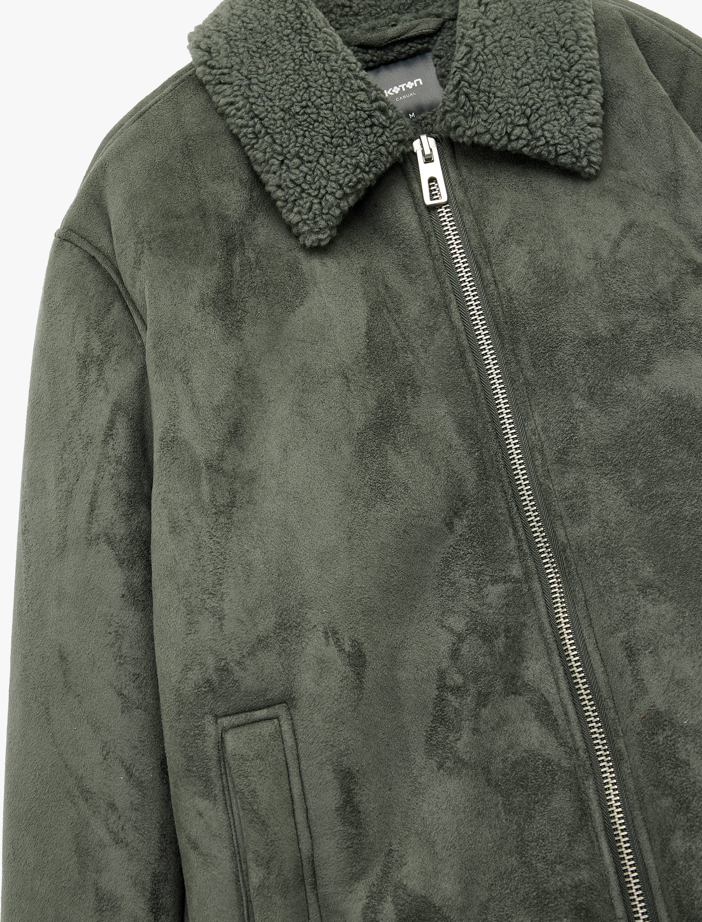 Peluş Yaka Fermuarlı Slim Fit Uzun Kollu Suni Süet Ceket