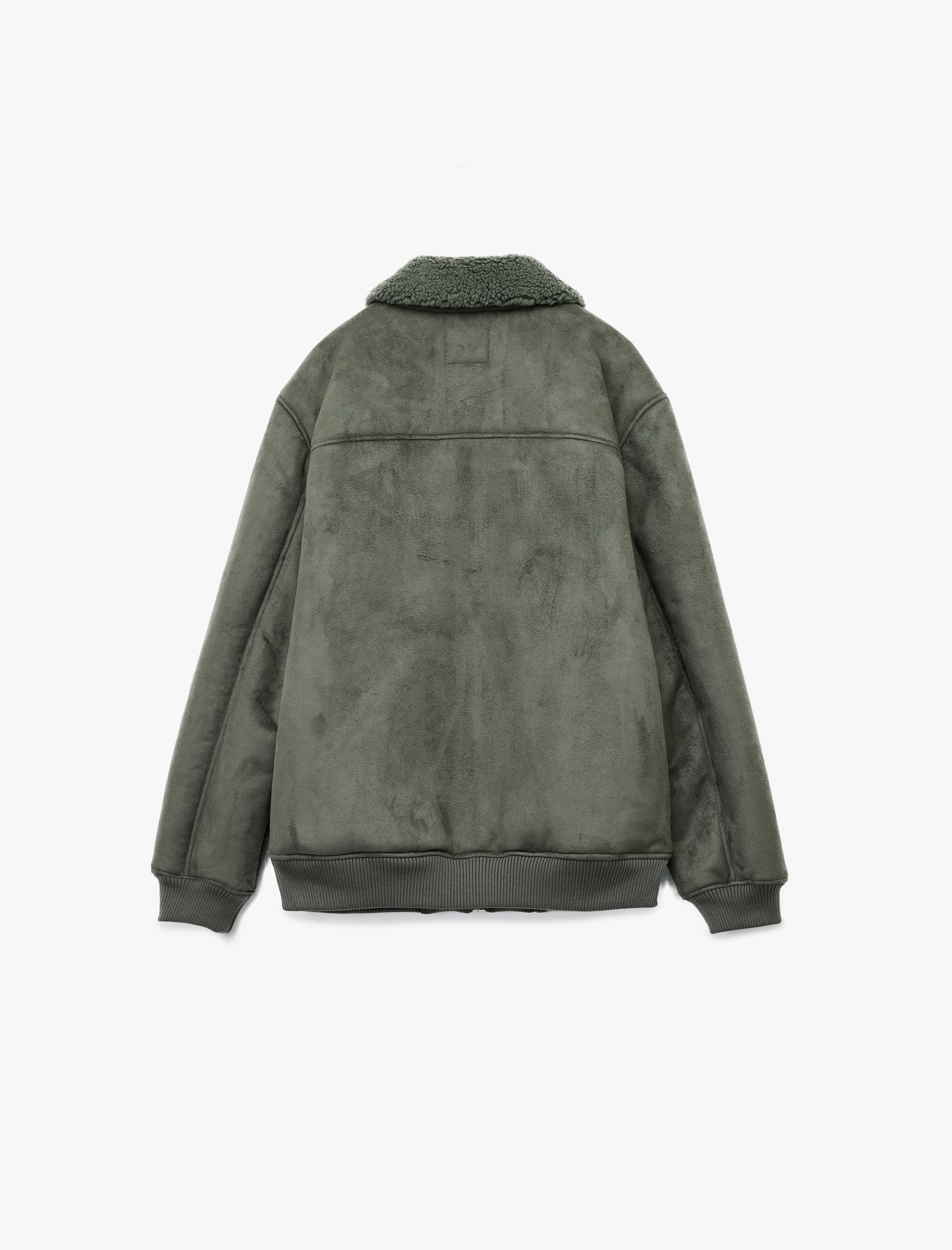 Peluş Yaka Fermuarlı Slim Fit Uzun Kollu Suni Süet Ceket