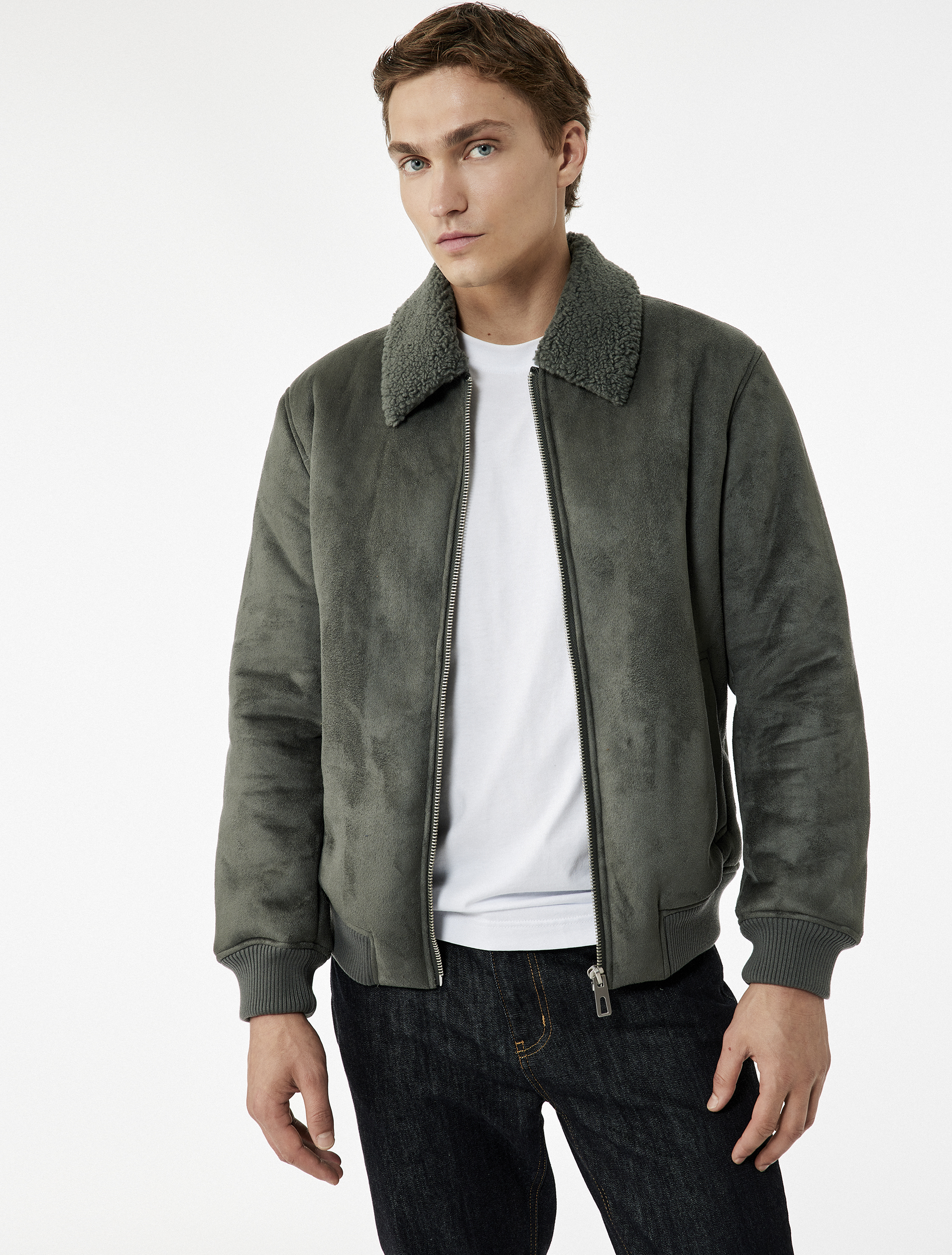 Peluş Yaka Fermuarlı Slim Fit Uzun Kollu Suni Süet Ceket