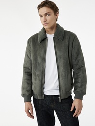 Peluş Yaka Fermuarlı Slim Fit Uzun Kollu Suni Süet Ceket
