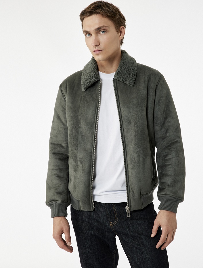  Peluş Yaka Fermuarlı Slim Fit Uzun Kollu Suni Süet Ceket