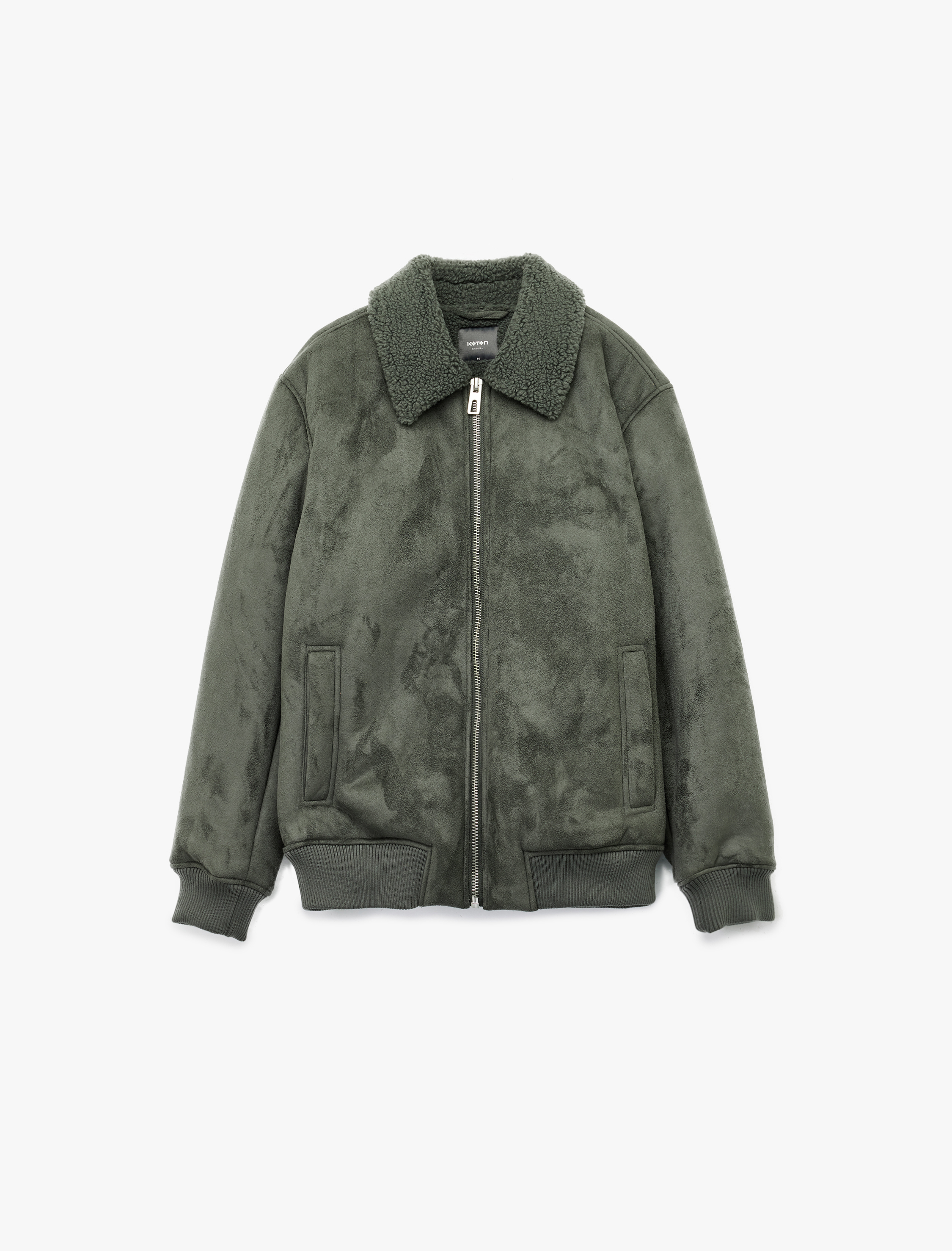 Peluş Yaka Fermuarlı Slim Fit Uzun Kollu Suni Süet Ceket