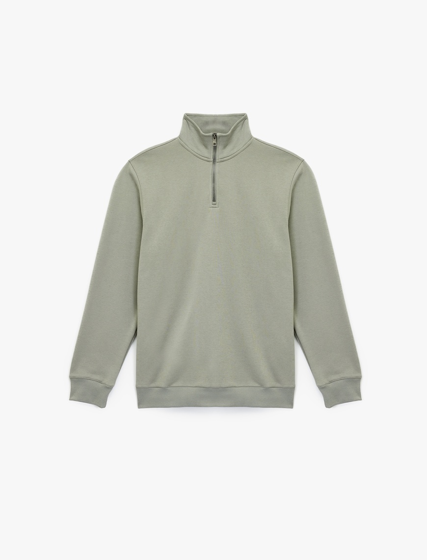   Uzun Kollu Şardonlu Basic Yarım Fermuarlı Sweatshirt