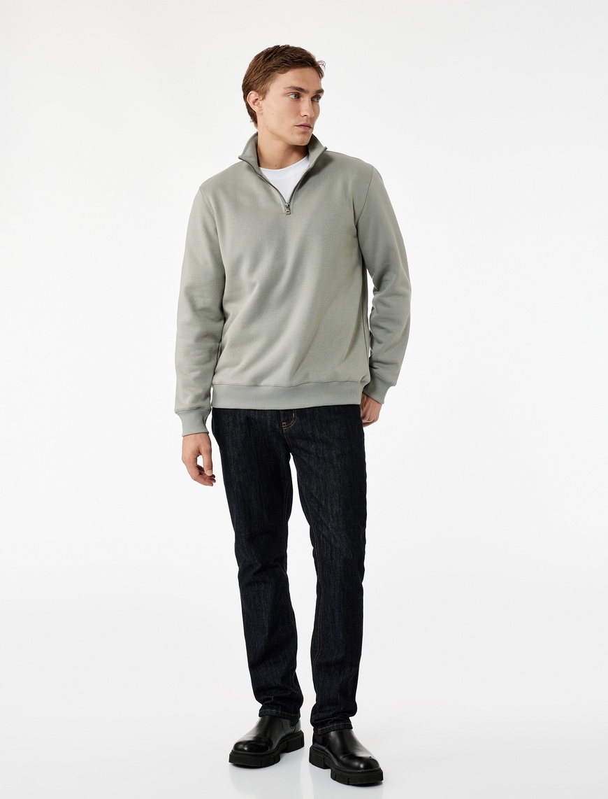   Uzun Kollu Şardonlu Basic Yarım Fermuarlı Sweatshirt