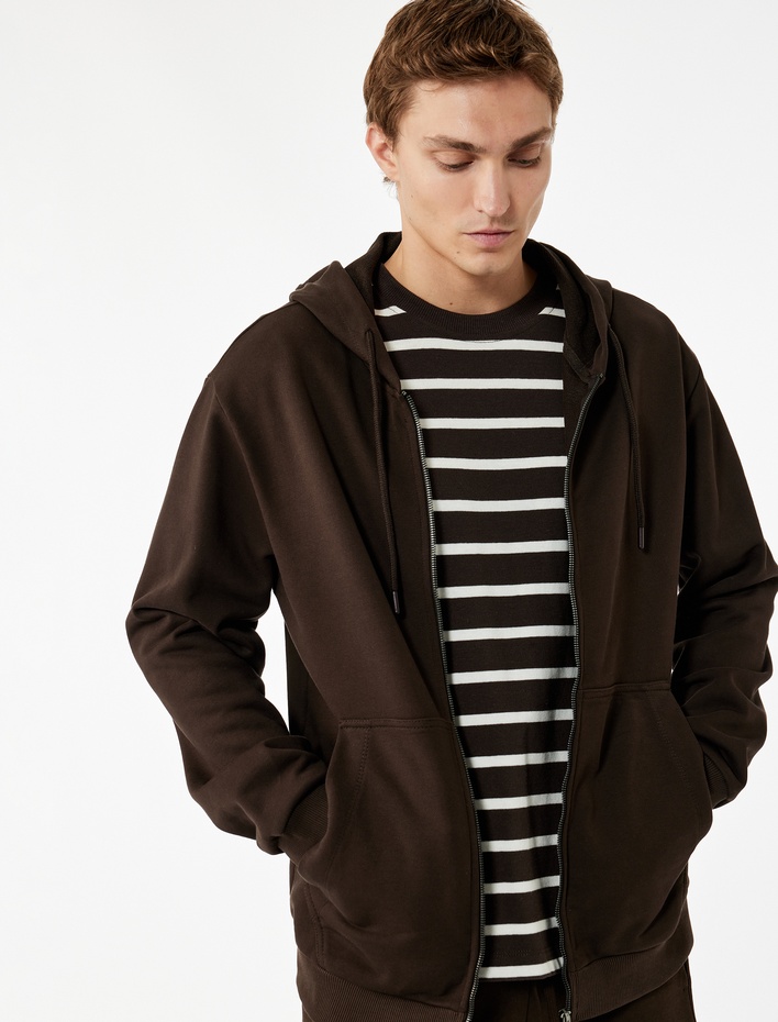  Pamuklu Uzun Kollu Fermuarlı Cep Detaylı Kapüşonlu Hırka