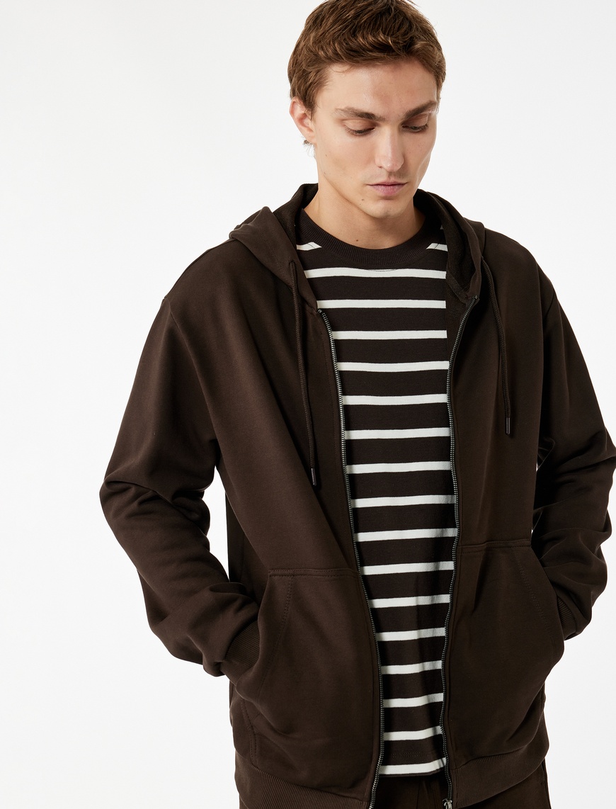   Pamuklu Uzun Kollu Fermuarlı Cep Detaylı Kapüşonlu Sweatshirt