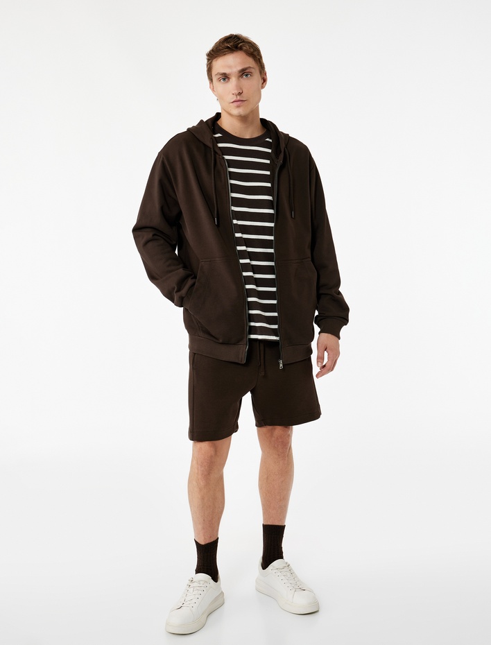  Pamuklu Uzun Kollu Fermuarlı Cep Detaylı Kapüşonlu Hırka