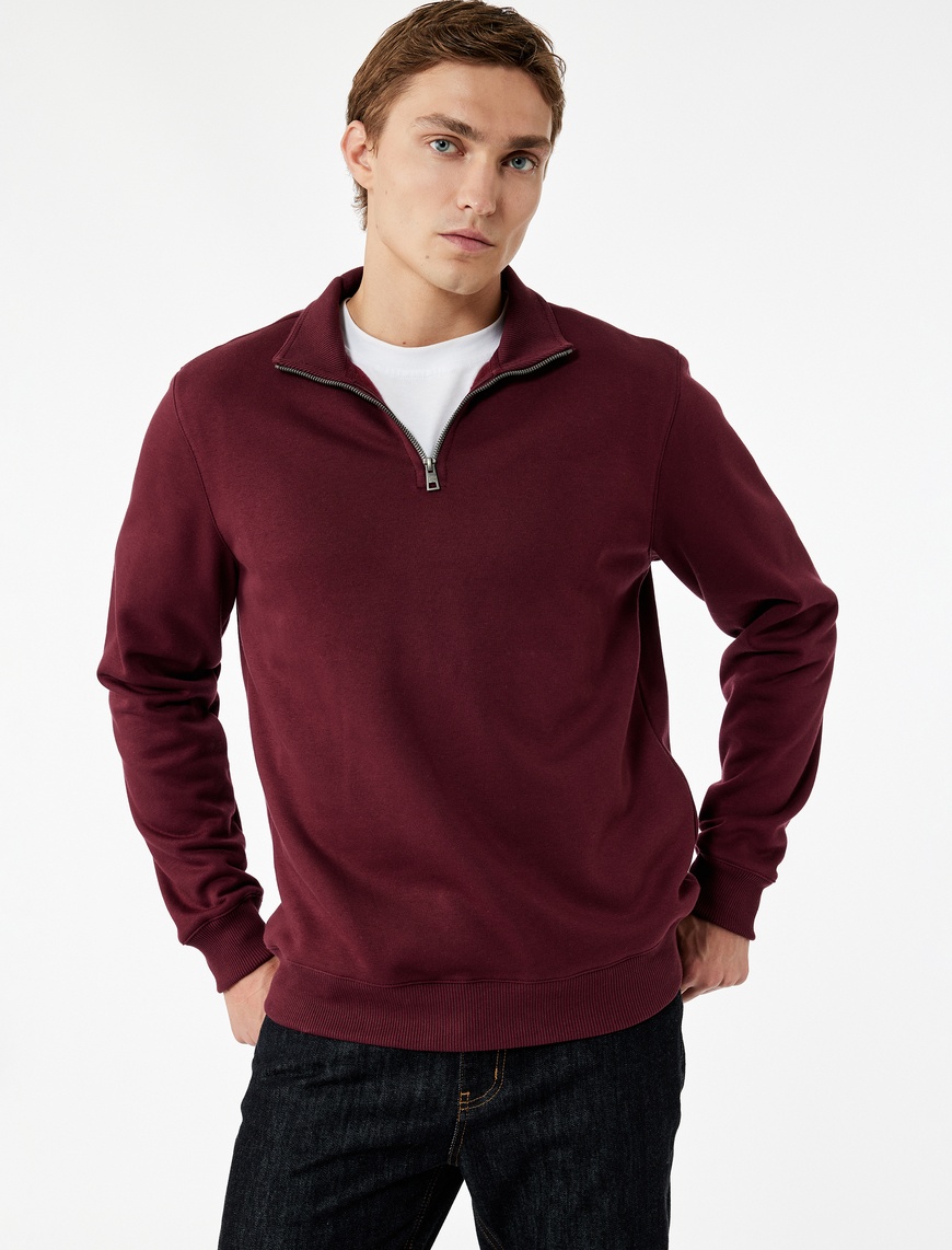   Uzun Kollu Şardonlu Basic Yarım Fermuarlı Sweatshirt
