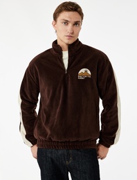 Nakışlı Uzun Kollu Renk Bloklu Yarım Fermuarlı Polar Sweatshirt