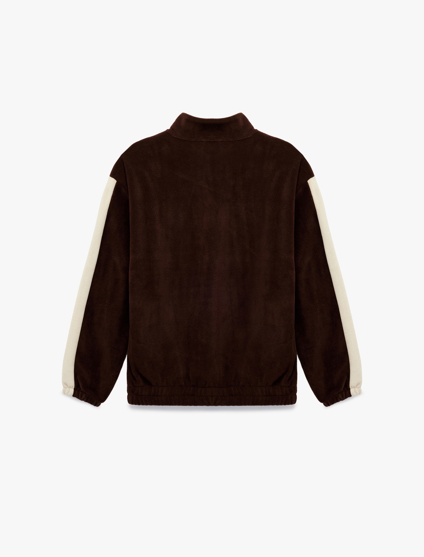   Nakışlı Uzun Kollu Renk Bloklu Yarım Fermuarlı Polar Sweatshirt
